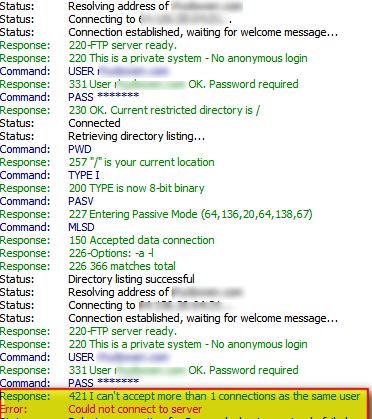 can't accept more than 1 simultaneous connection-filezilla error