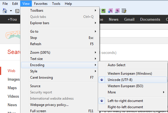 utf-8 encoding setting in IE