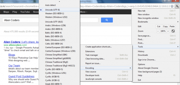 utf-8 encoding setting in Google Chrome